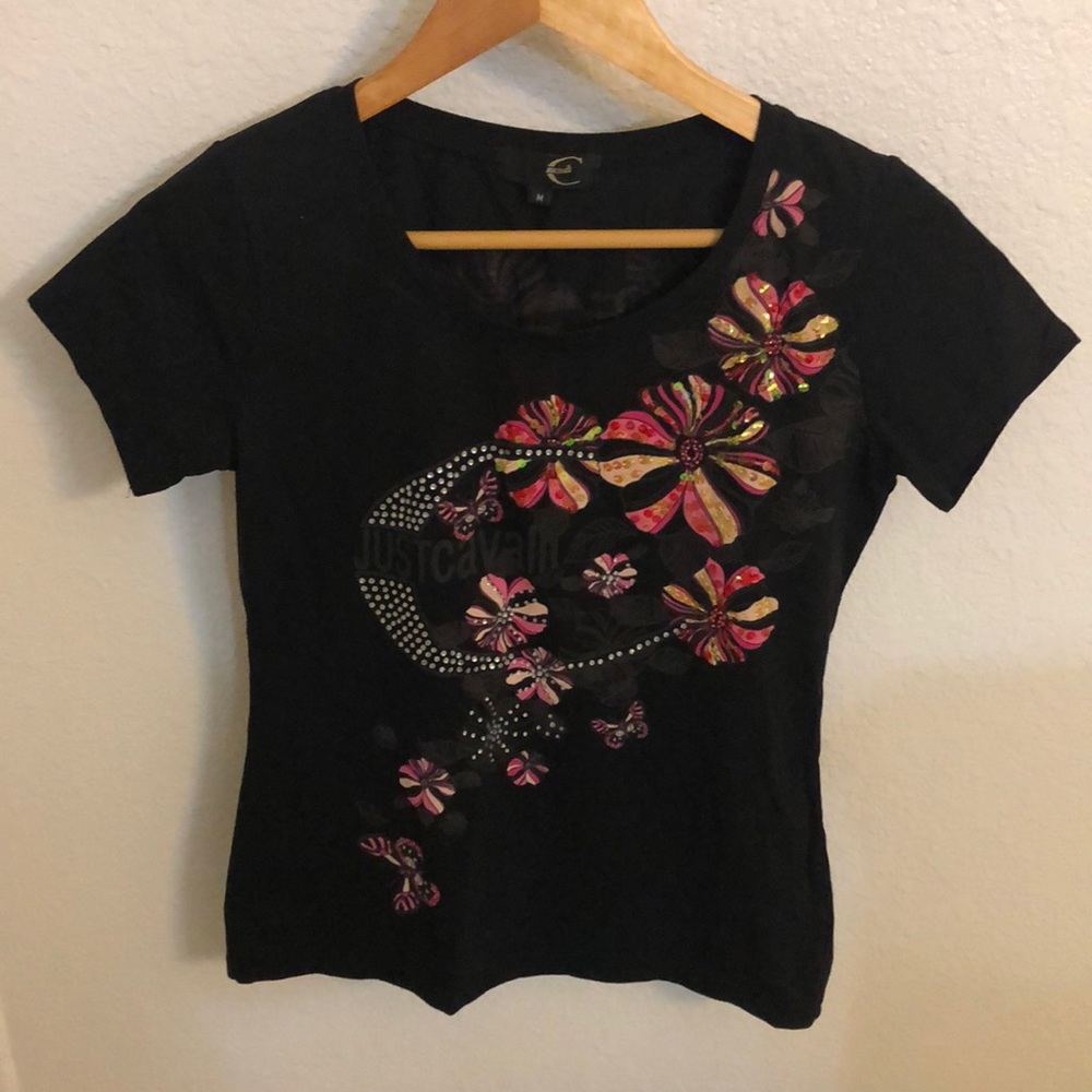 Just Cavalli Top Girls M Floral Butterflies Sequin  Stamp Logo Black Pink NWOT